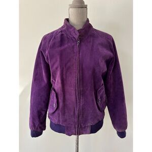 Vintage Purple Suede Bomber Jacket Real Leather Zip Front Ribbed Knit Size S